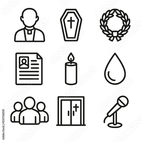 Memorial Service Icons. Outline icon set of memorial farewell service: clergy figure, casket, wreath, eulogy script, candle, tears