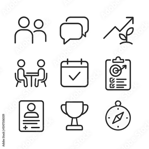 Mentorship Icon Set. Outline icon set of mentorship and coaching programs: mentor-mentee duo, speech bubbles, growth arrow, one-on