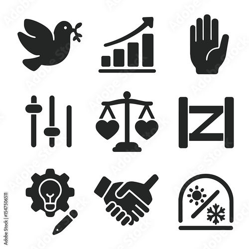 Conflict Resolution Icons. Solid, filled icons set of managing conflict through growth: peace dove, resolution