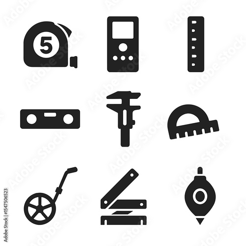 Construction Tool Icons. Solid, filled icons set of construction measuring tools: measuring tape, laser