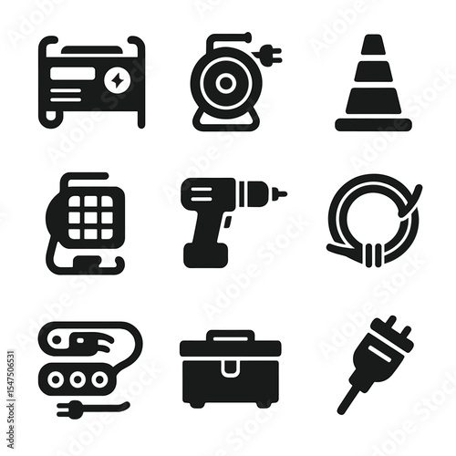 Construction Tools Icons. Solid, filled icons set of construction site power setup: generator icon, cable reel