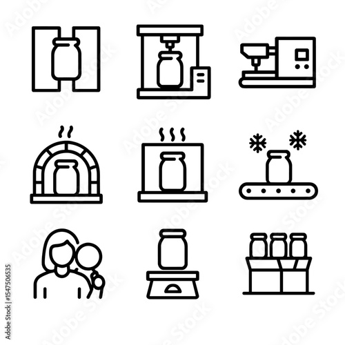 Jar Manufacturing Icons. Outline icon set of jar manufacturing steps: mold cavity, blow molding machine, injection nozzle, kiln
