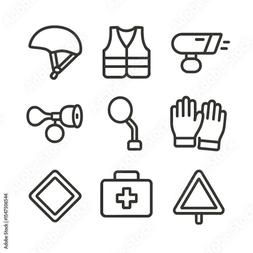 Safety Gear Icons. Outline icon set of safety gear and guidelines: helmet, reflective vest, bike light, bell horn, mirror, safety