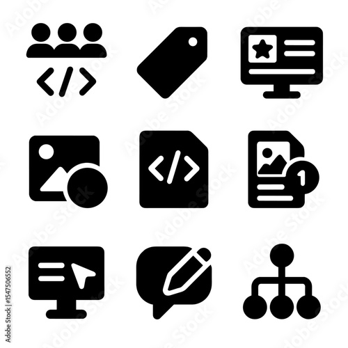 Content Labeling Icons. Solid, filled icons set of content labeling practices: metadata icon, label tag, icon