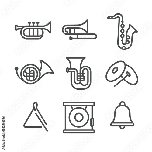 Metal Instruments Icons. Outline icon set of metal musical instruments: trumpet, trombone, saxophone, French horn, tuba, cymbal,