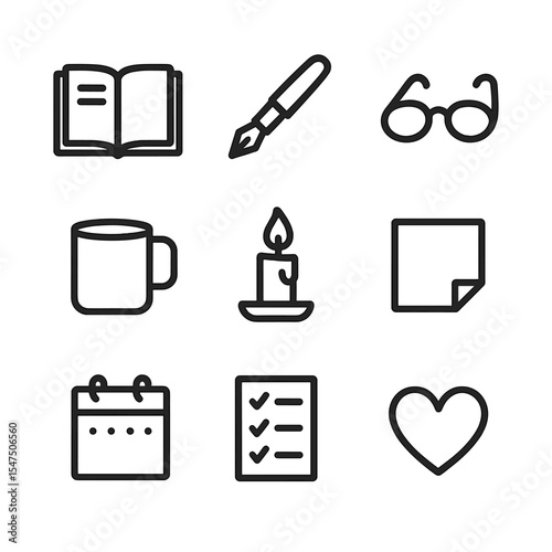 Journaling Icon Set. Outline icon set of journaling and introspection: open notebook, fountain pen, reading glasses, coffee mug,