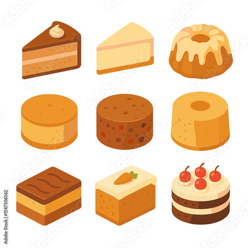 Cake Icon Set. Isometric Flat icon set of cake varieties: layer cake slice, cheesecake wedge, bundt cake, sponge cake, fruitcake,