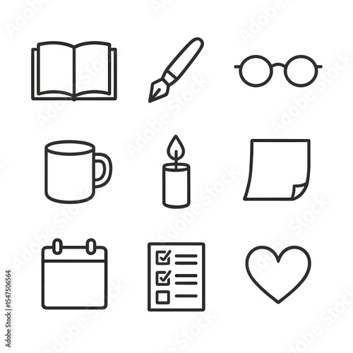 Journaling Icon Set. Outline icon set of journaling and introspection: open notebook, fountain pen, reading glasses, coffee mug,
