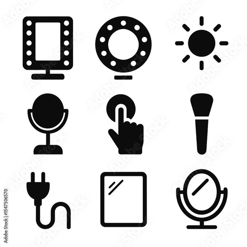 Cosmetic Mirror Icons. Solid, filled icons set of cosmetic mirror with lights: vanity mirror, LED ring,