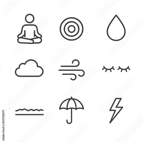 Calm Icons Collection. Outline icon set of calm amidst chaos: serene figure, concentric ripples, light raindrop, soft cloud,
