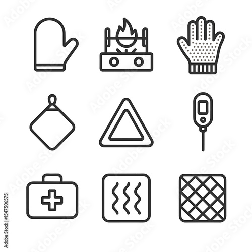 Kitchen Safety Icons. Outline icon set of kitchen safety features: oven mitt, stove flame guard, cut-resistant glove, fire