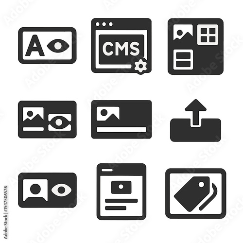 Content Management Icons. Solid, filled icons set of content management for accessibility: alt input box, CMS