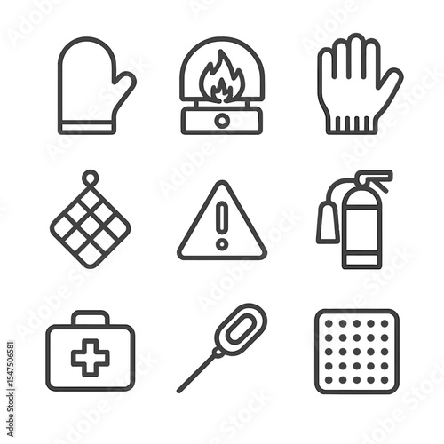Kitchen Safety Icons. Outline icon set of kitchen safety features: oven mitt, stove flame guard, cut-resistant glove, fire