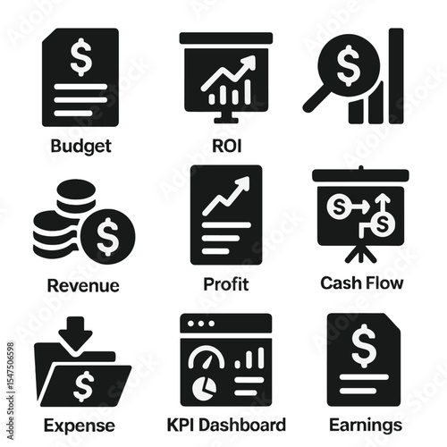 Corporate Finance Icons. Solid, filled icons set of corporate finance tools: budget sheet, ROI graph, cost