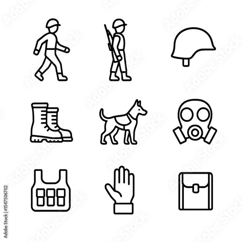 Military Patrol Icons. Outline icon set of military foot patrol scenes: marching soldier, rifle slung, combat boots, helmet
