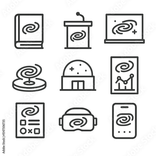 Milky Way Icon Set. Outline icon set of Milky Way educational materials: textbook, lecture podium, blackboard sketch, model galaxy