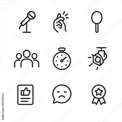 Slam Poetry Icons. Outline icon set of slam poetry elements: microphone stand, snapping fingers, judge’s paddle, timer clock,