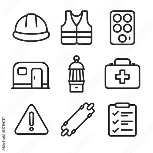 Mine Safety Icons. Outline icon set of mine safety and compliance: hard hat, high-visibility vest, gas detector, emergency refuge