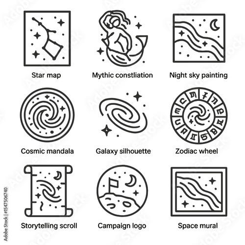 Milky Way Icon Set. Outline icon set of Milky Way in art and culture: star map poster, mythic constellation, night sky painting,