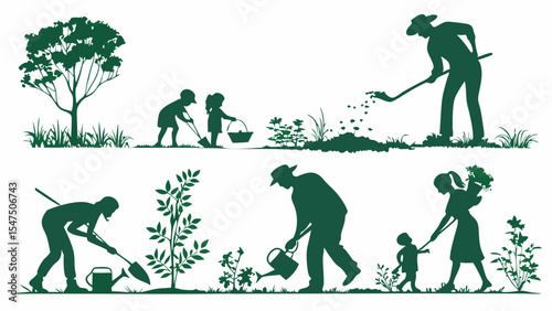 Silhouettes of people, family, children planting trees, flowers, gardening, working together in nature illustration