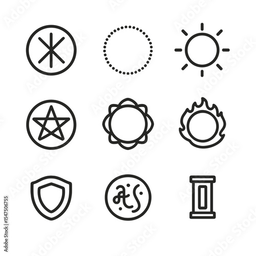 Magic Circle Icons. Outline icon set of protective magic circle: ward rune, salt line, glowing barrier, spirit seal, guardian