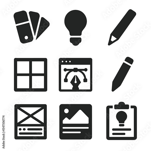 Creative Tools Icons. Solid, filled icons set of creative business tools: color palette, idea bulb, sketch