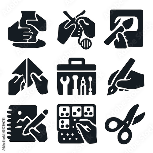 Creative Hobby Icons. Solid, filled icons set of hands-on creative hobbies: pottery wheel, knitting needle,