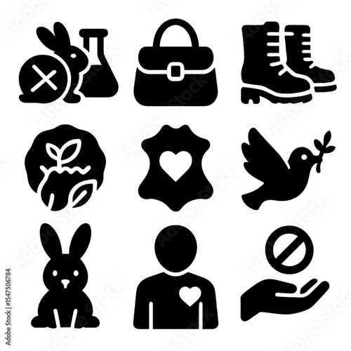 Cruelty-Free Fashion Icons. Solid, filled icons set of cruelty-free fashion: no animal testing icon, faux