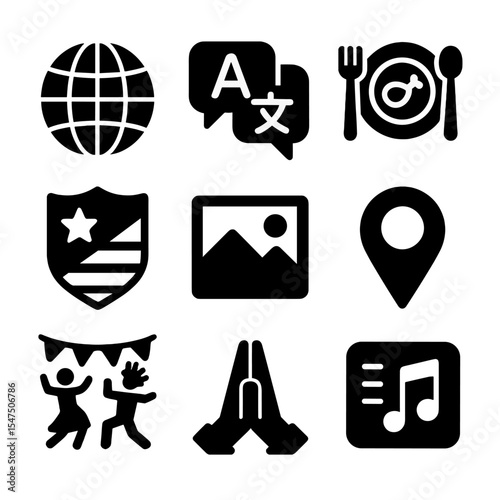 Cross-Cultural Icons Set. Solid, filled icons set of cross-cultural team bonding: world globe, language bubble