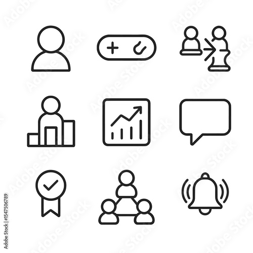 Social Trading Icons. Outline icon set of social trading and copy strategies: user avatar, follow button, trade copy icon, leader