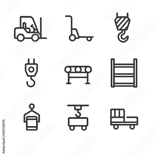 Material Handling Icons. Outline icon set of materials handling equipment: forklift, pallet jack, crane hook, hoist, roller