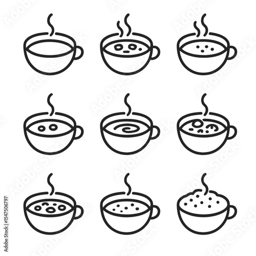 Soup Texture Icons. Outline icon set of soup textures: smooth puree, chunky vegetable, creamy bisque, clear broth, velouté swirl,