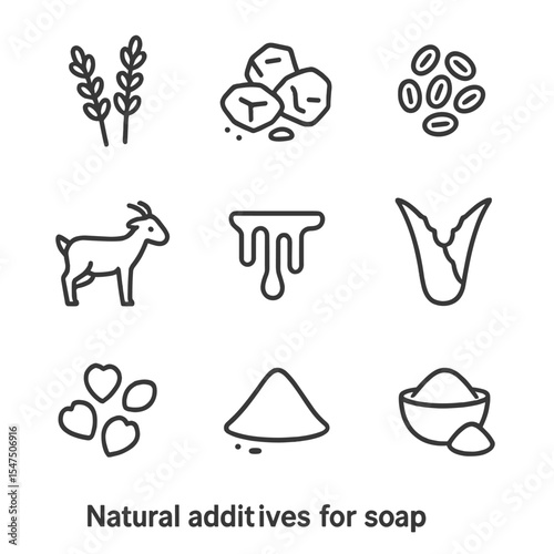 Natural Soap Additives Icons. Outline icon set of natural additives for soap: lavender sprigs, charcoal powder, oatmeal flakes,