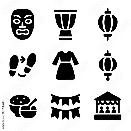 Cultural Festival Icons. Solid, filled icons set of cultural festivals: ethnic mask, folk drum, traditional