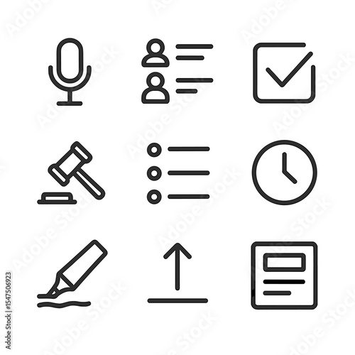 Meeting Minutes Icons. Outline icon set of meeting minutes notepad: microphone icon, attendee list, action item checkbox, decision