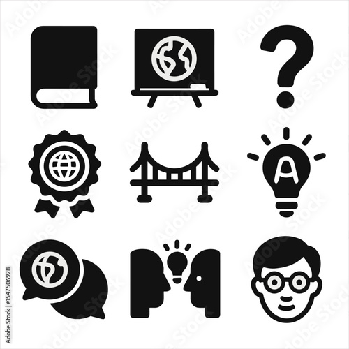Cultural Learning Icons. Solid, filled icons set of cross-cultural learning: book icon, globe chalkboard,