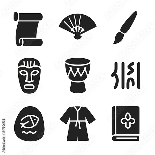 Cultural Poetry Icons. Solid, filled icons set of cultural poetry traditions: scroll fan, ink brush,