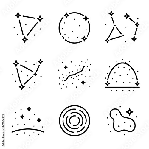 Milky Way Icon Set. Outline icon set of Milky Way season viewing: summer triangle, winter circle, autumn constellations, spring