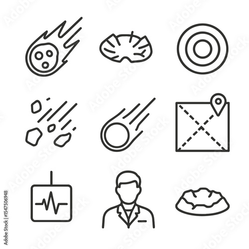 Meteor Impact Icons. Outline icon set of meteor impact: blazing meteor, impact crater, shockwave ripple, flying debris, fireball