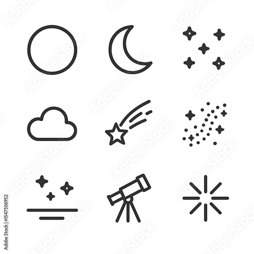 Night Sky Icons. Outline icon set of night sky: full moon, crescent moon, scattered stars, shooting star, cloud silhouette, milky