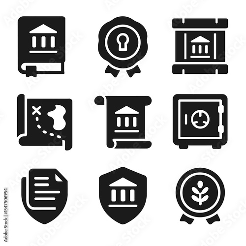 Cultural Preservation Icons. Solid, filled icons set of cultural preservation symbols: heritage book, archive