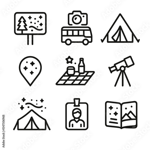 Milky Way Travel Icons. Outline icon set of Milky Way travel and tourism: dark-sky park sign, astrophotography tour bus, camping