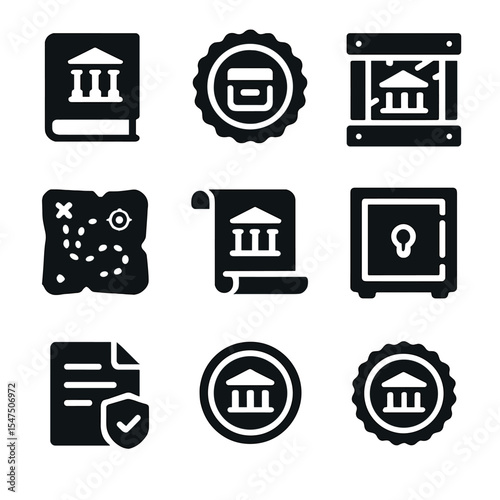 Cultural Preservation Icons. Solid, filled icons set of cultural preservation symbols: heritage book, archive