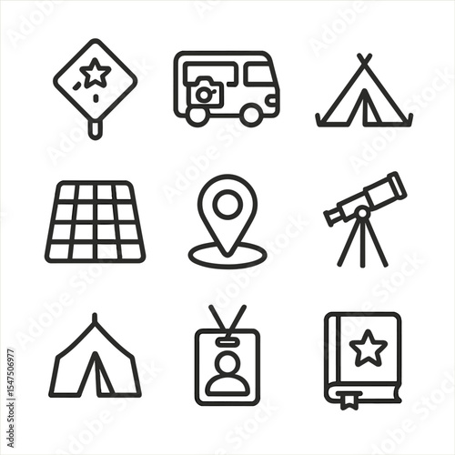 Milky Way Travel Icons. Outline icon set of Milky Way travel and tourism: dark-sky park sign, astrophotography tour bus, camping