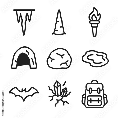 Cave Icon Set. Outline icon set of cave dens: stalactite, stalagmite, torch, cave entrance, boulder, underground pool, bat