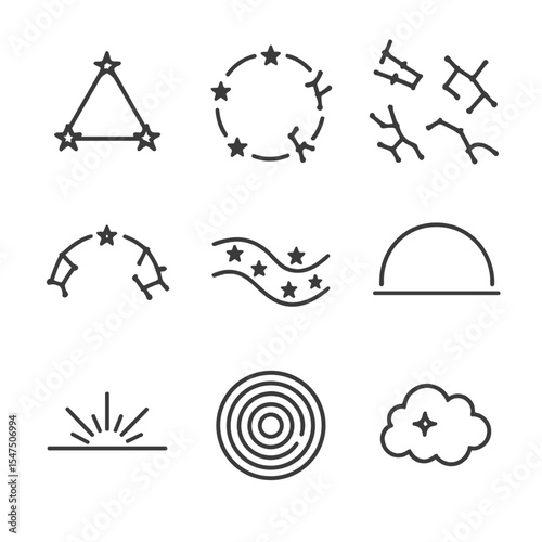 Milky Way Icon Set. Outline icon set of Milky Way season viewing: summer triangle, winter circle, autumn constellations, spring