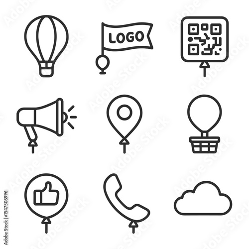 Minimalist Advertising Icons. Outline icon set of branded advertising balloons: hot air balloon, logo banner, QR code, megaphone
