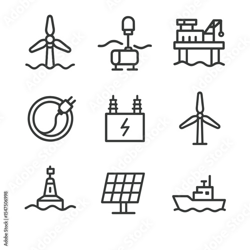 Ocean Energy Icons. Outline icon set of ocean renewable energy projects: tidal turbine, wave energy converter, offshore platform,