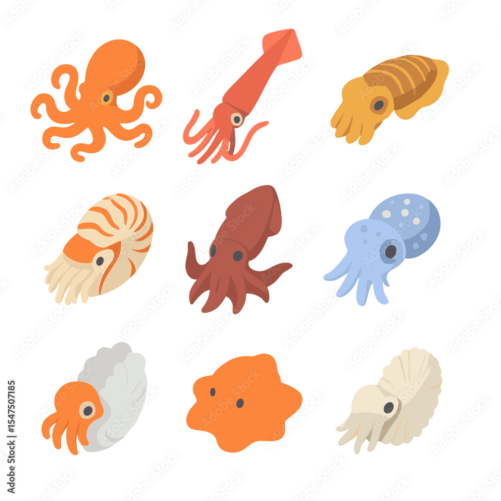 Naklejka premium Cephalopod Icon Grid. Isometric Flat icon set of cephalopods: common octopus, giant squid, cuttlefish, nautilus, vampire squid,