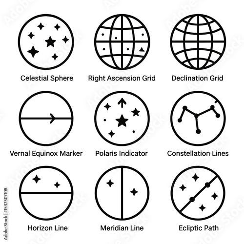 Celestial and Party Icons. Outline icon set of star maps and navigation: celestial sphere, right ascension grid, declination grid,